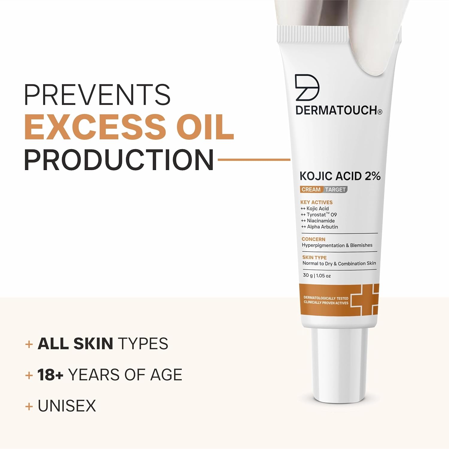 DERMATOUCH Kojic Acid 2% Brightening Cream with Niacinamide & Tyrostat | For Pigmentation, Blemishes, Dark Spots & Hyperpigmentation | Non-Greasy | Dermatologist Tested | 30g