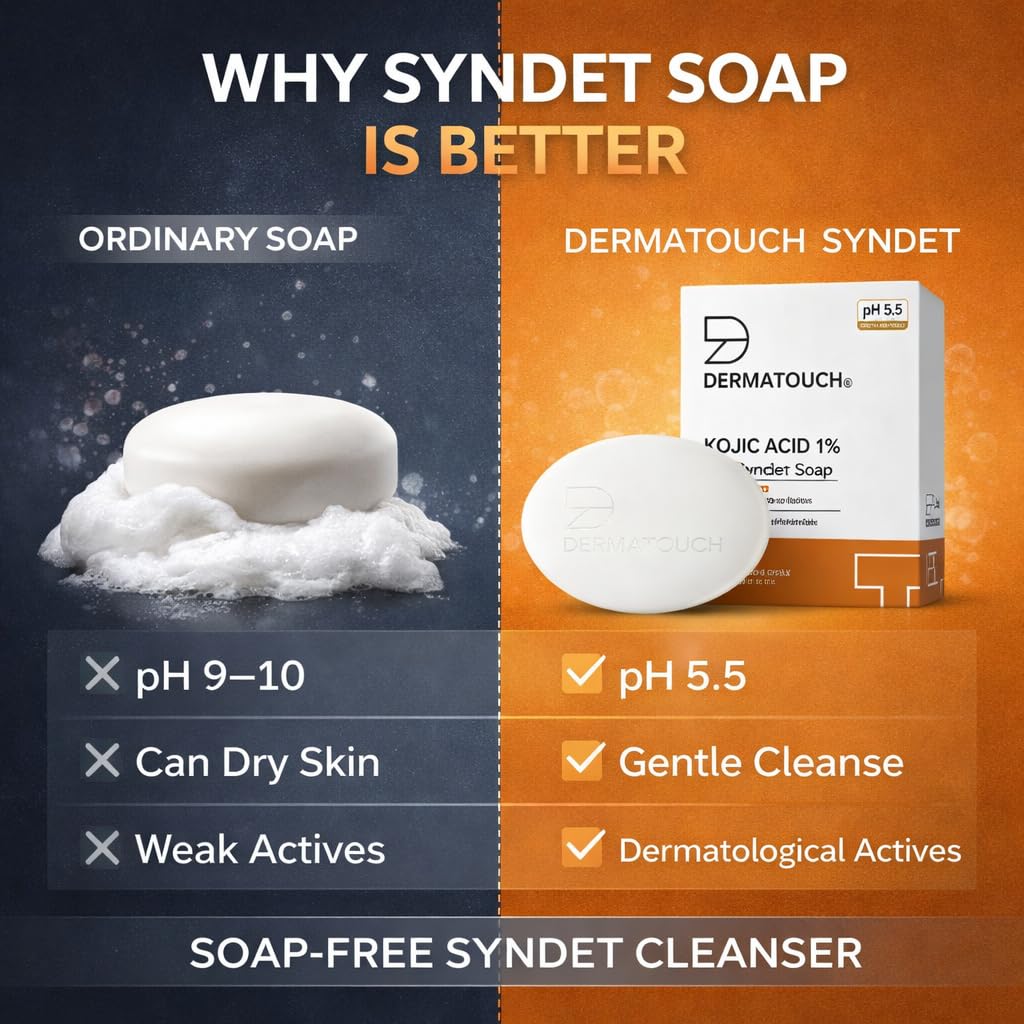 DERMATOUCH Kojic Acid 1% Soap with Glutathione & Alpha Arbutin |For Tan, Brightening, Dark Spots & Pigmentation | pH 5.5 Balanced Syndet Bar | Dermatologist Tested | For Men & Women | 75g