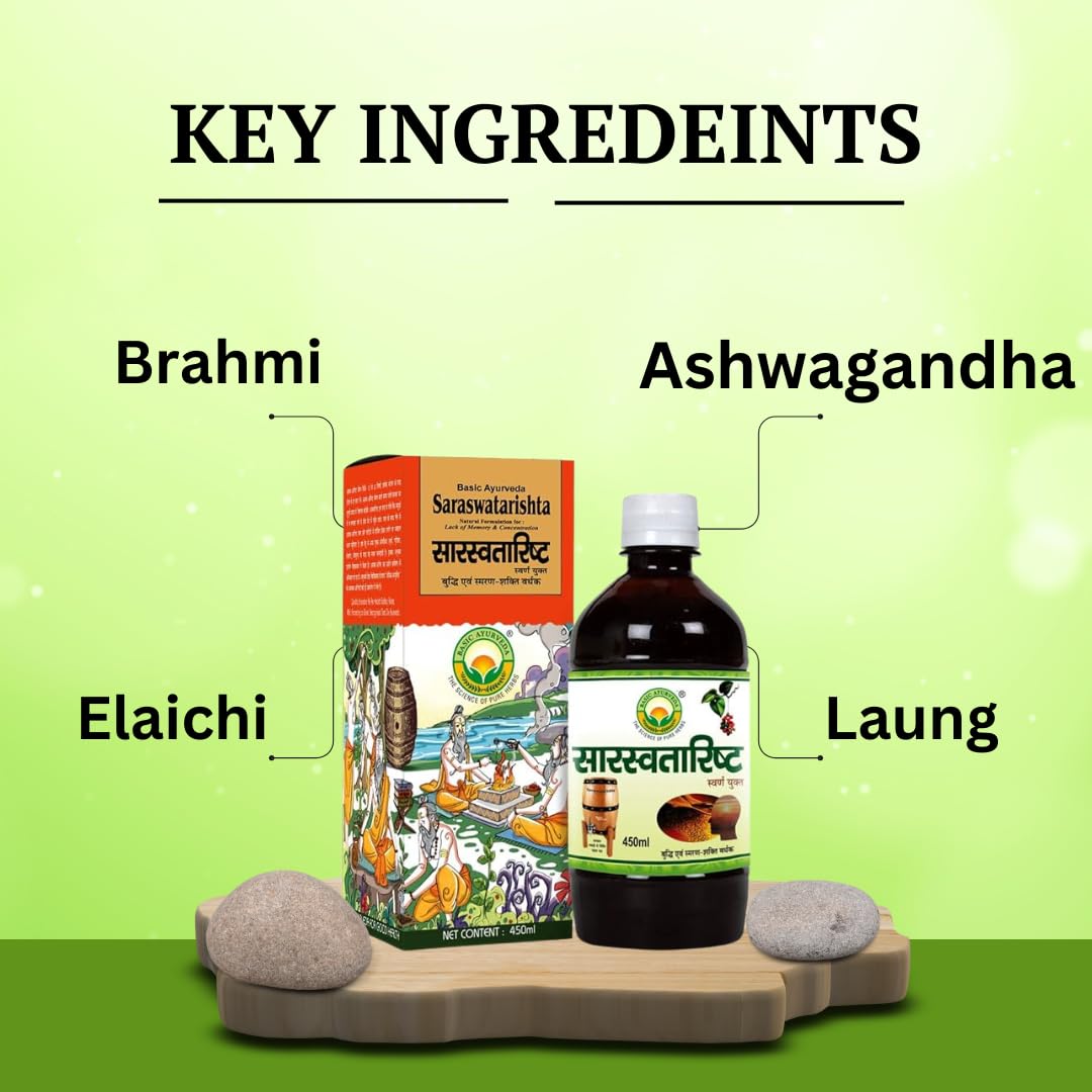 Basic Ayurveda Saraswatarishta 450 ml For anxiety and depression, general debility, mental stress