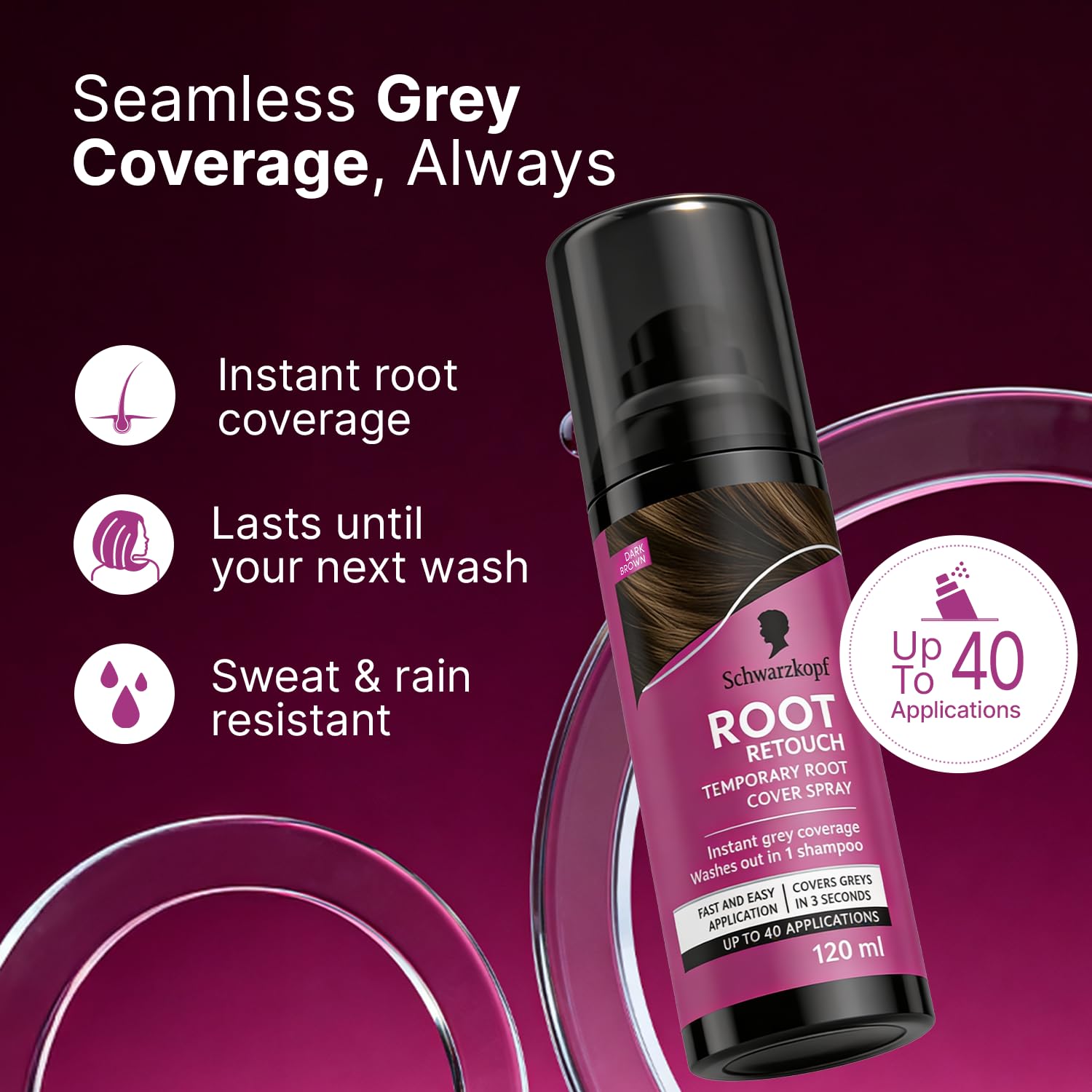 Schwarzkopf Root Retouch Instant Grey Hair Concealer Spray Sweat And Rain Resistant, Matte Finish Perfect Coverage | Upto 40 Fast and Easy Applications | Unisex| For All Hair Types, Dark Brown, 120ML