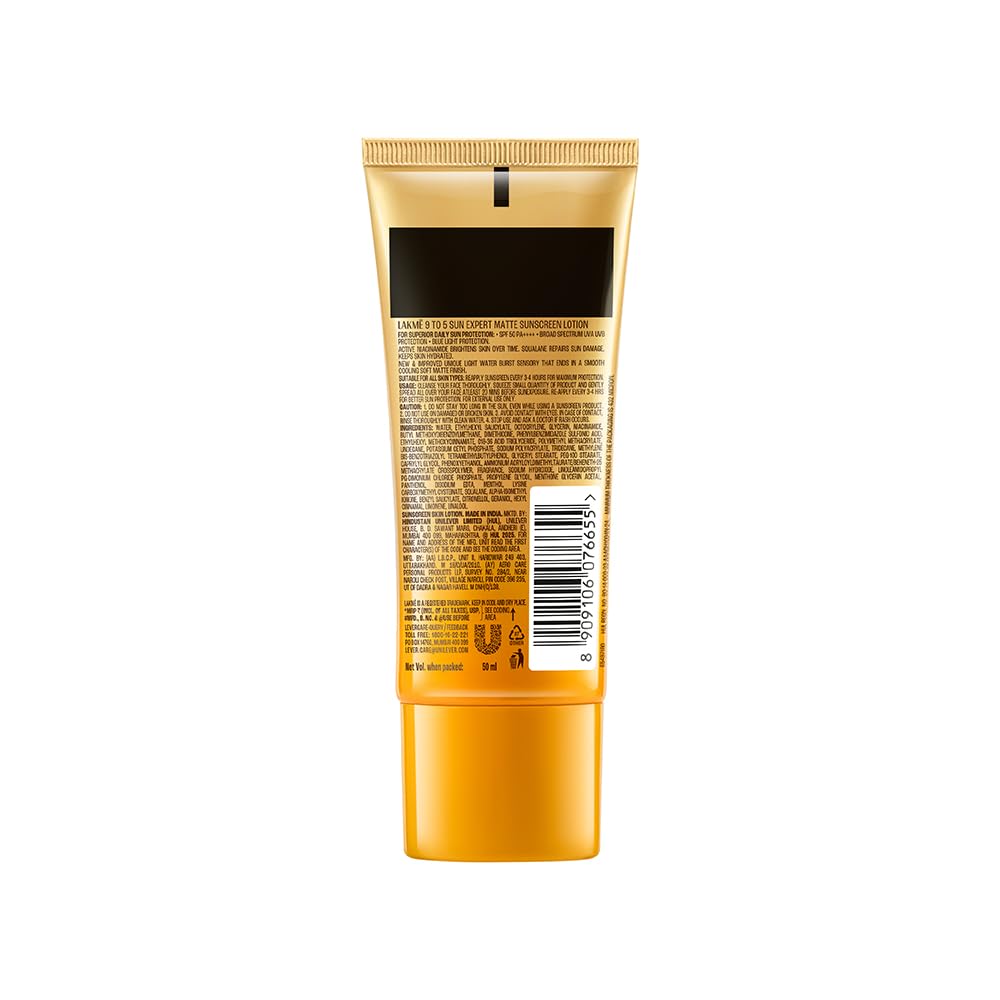 Lakme SPF 50 PA++++ Sunscreen Lotion for Bright Skin | In Vivo Tested | UVA UVB Blue Light Protection | Water light| No White Cast | Niacinamide| For All Skin Types | 50 ml