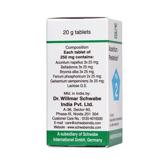 Dr Willmar Schwabe India Homoeopathic Aconitum Pentarkan (20gm) Tablets for muscular pain cough and cold fever headache