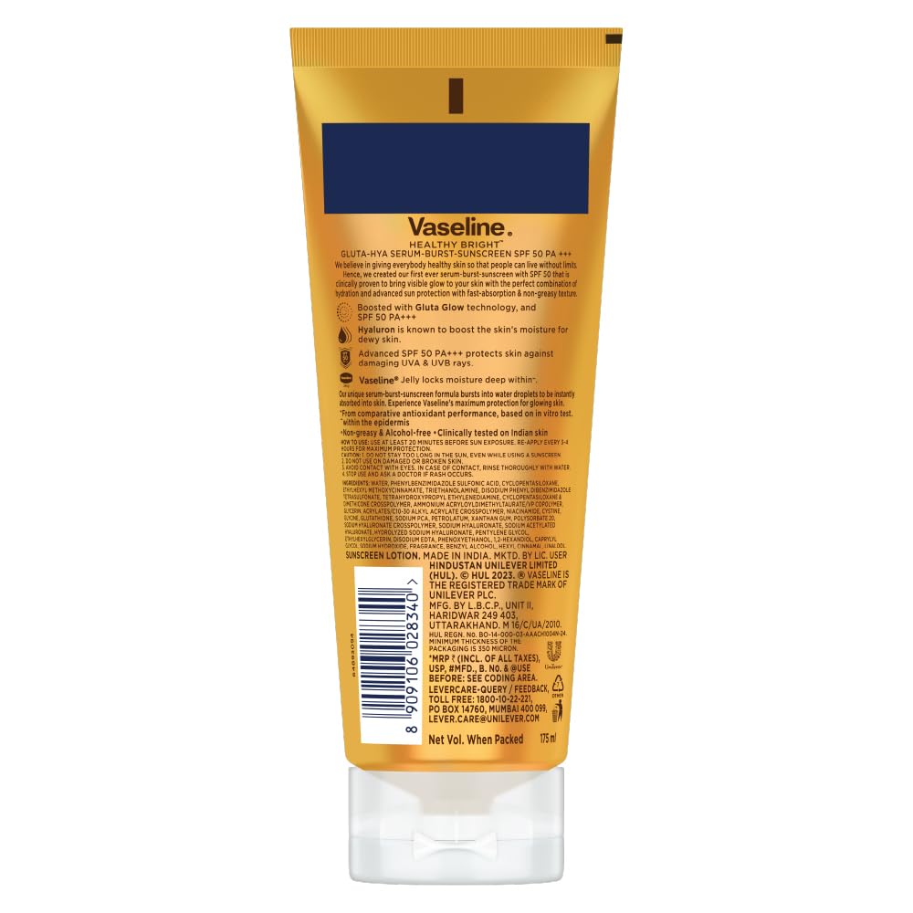 Vaseline Gluta Hya - Antioxidant SPF 50 PA+++ Sunscreen for Face & Body | Glutathione & Hyaluronic Acid infused Sunscreen 175 ML