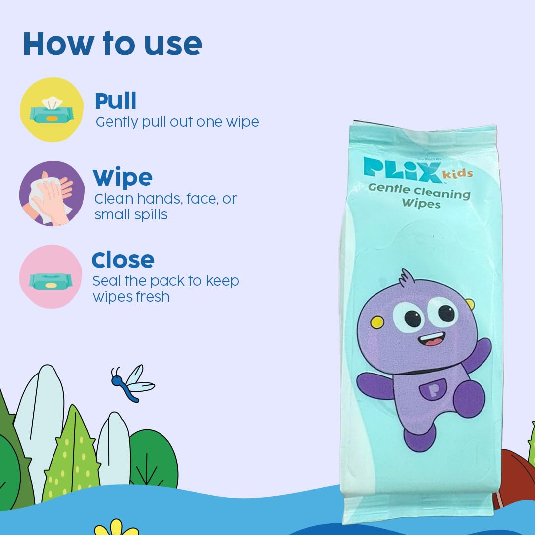PLIX Kids Gentle Cleaning Wipes | Soft & Moisturizing | Mild & Safe Formula | On-the-Go Use | Travel-Friendly (Pack of 4)