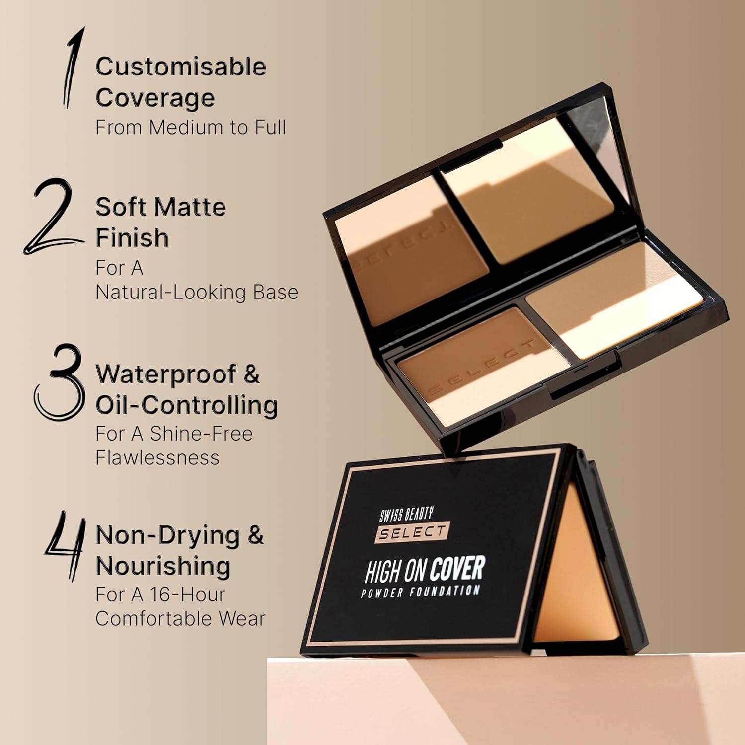 SWISS BEAUTY Matte All Select High On Cover Powder Foundation With Sponge | Waterproof & Oil Controlling | 16-Hour Wear | Shade 01 True Porcelain, 5.5G