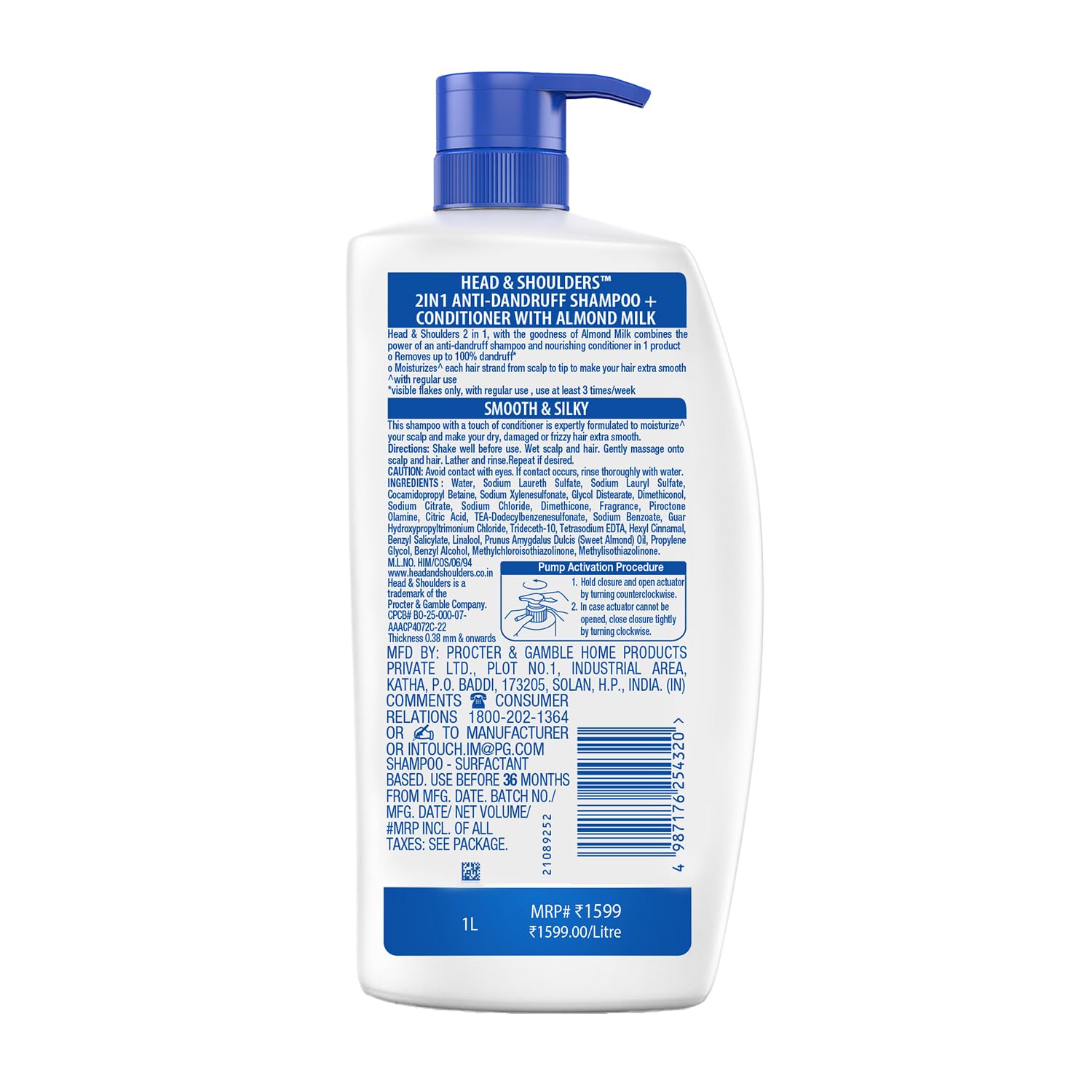 Head & Shoulders 2-in-1 Smooth and Silky Anti Dandruff Shampoo + Conditioner for Women & Men, With Almond Milk (1 L)