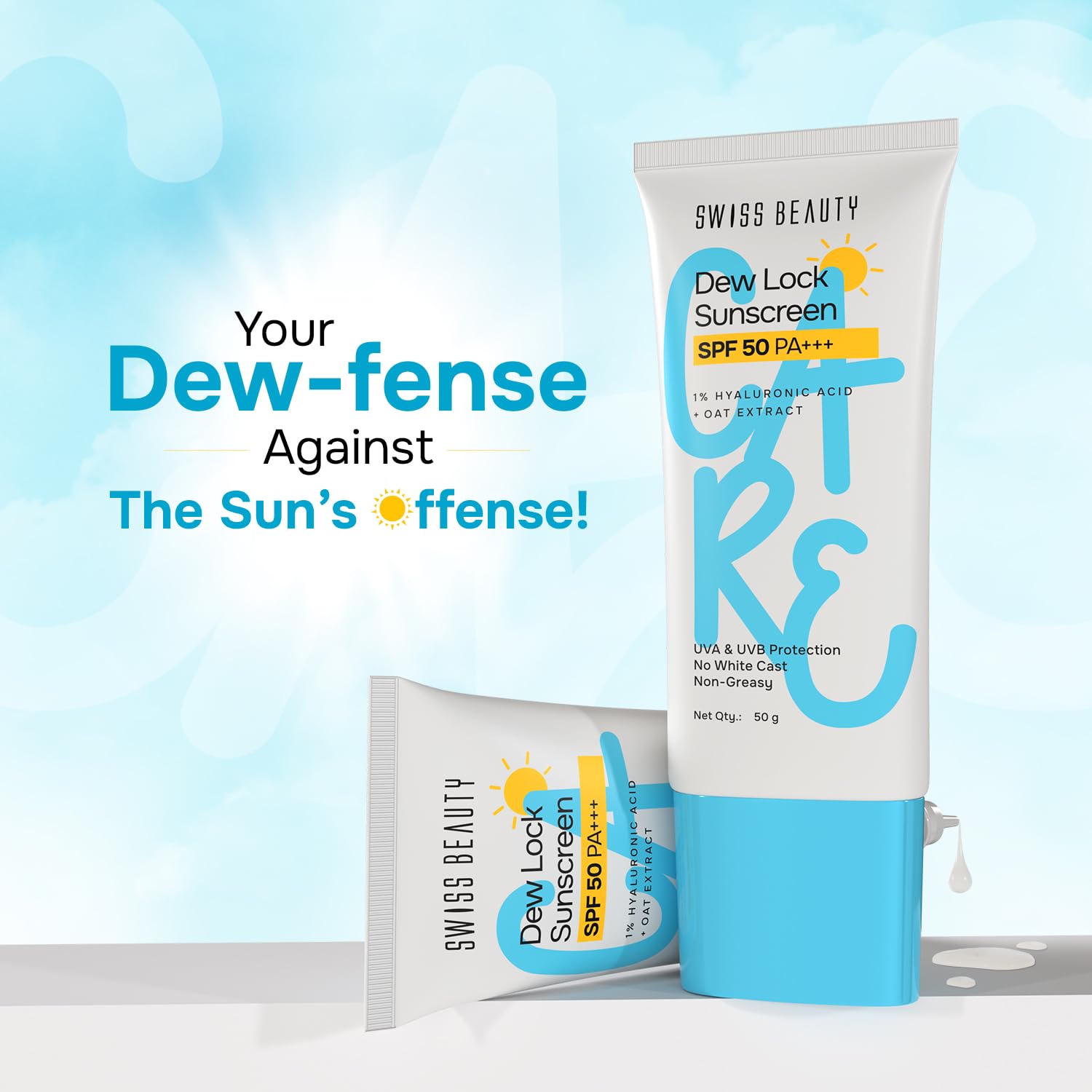 Swiss Beauty Care Dew Lock Sunscreen | SPF 50 PA++++ Broad-Spectrum Protection | No White Cast | With 1% Hyaluronic Acid | 50g