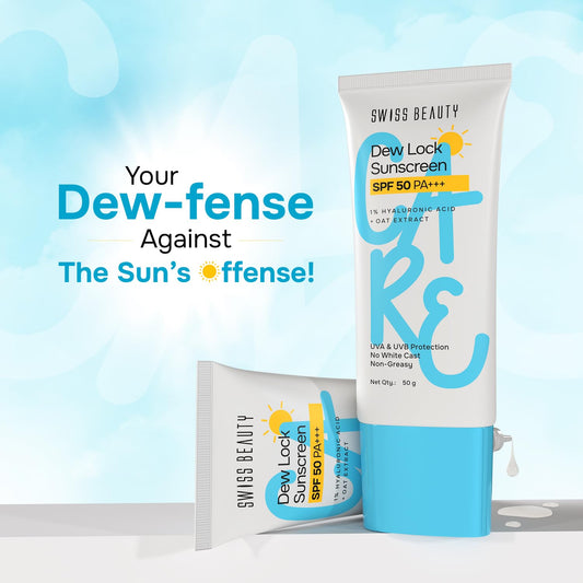 Swiss Beauty Care Dew Lock Sunscreen | SPF 50 PA++++ Broad-Spectrum Protection | No White Cast | With 1% Hyaluronic Acid | 50g