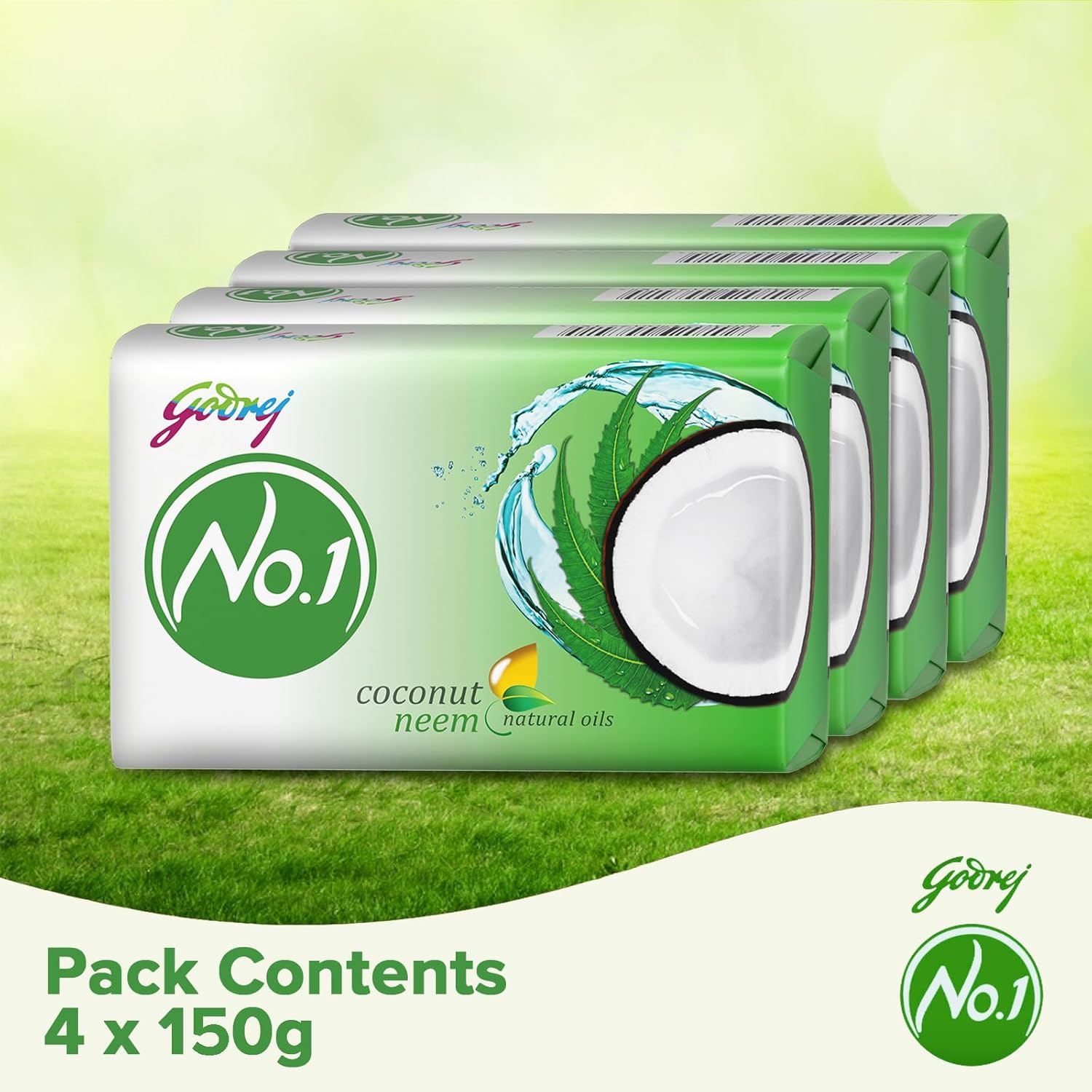 Godrej No. 1 Bathing Soap Coconut & Neem – Grade 1 Soap & Long-lasting Fragrance, Combo Pack of 4 (150g each)