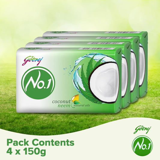 Godrej No. 1 Bathing Soap Coconut & Neem – Grade 1 Soap & Long-lasting Fragrance, Combo Pack of 4 (150g each)