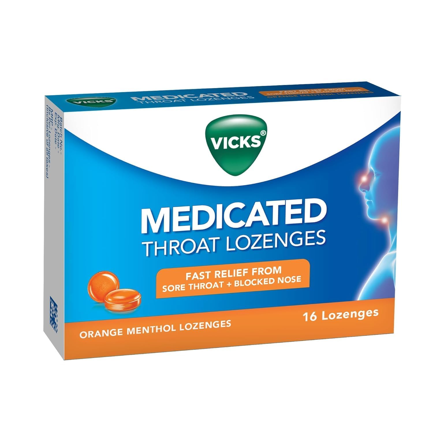 Vicks Medicated Throat Lozenges, 16 Lozenges, Orange Menthol Flavor, Fast Sore Throat & Blocked Nose Relief, Portable and Effective, Essential for On-the-Go Cough and Cold Comfort