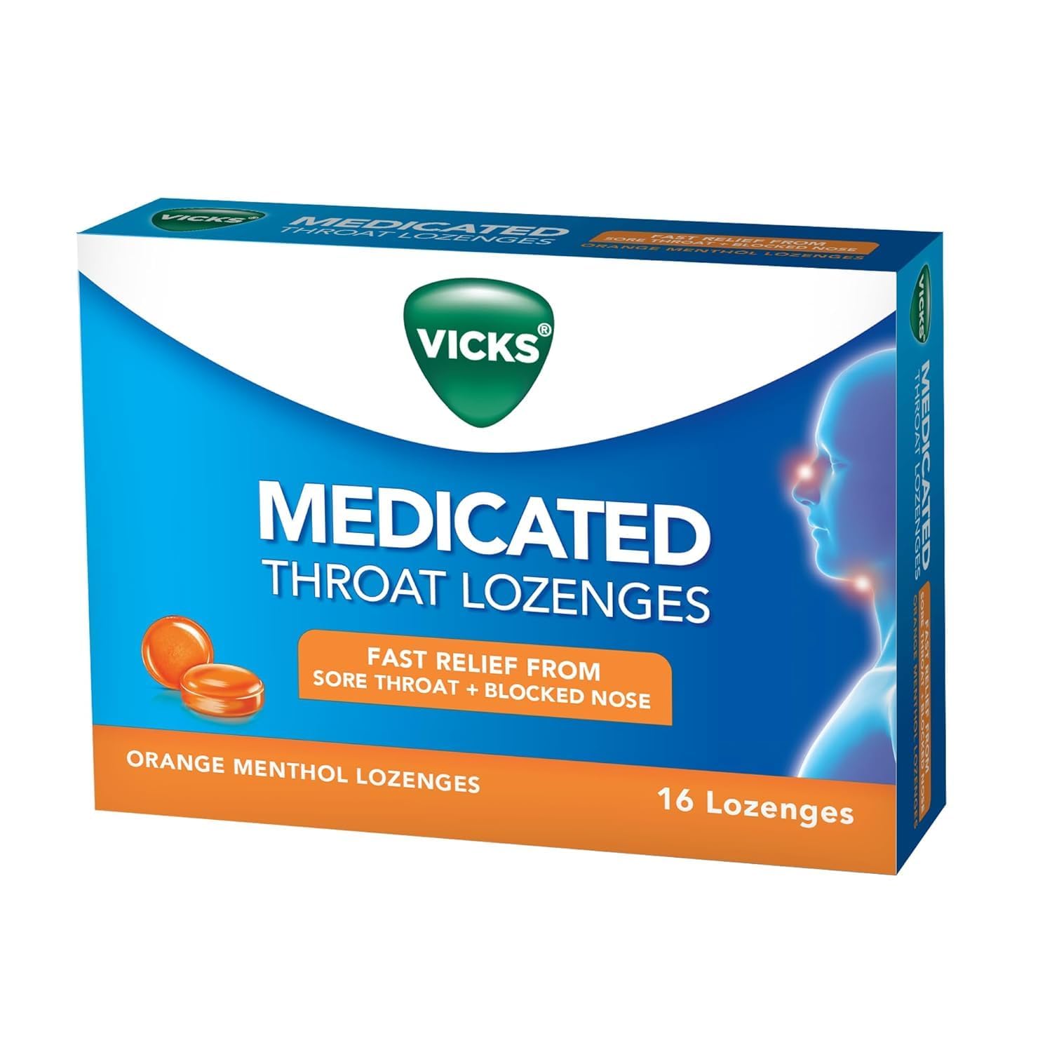 Vicks Medicated Throat Lozenges, 16 Lozenges, Orange Menthol Flavor, Fast Sore Throat & Blocked Nose Relief, Portable and Effective, Essential for On-the-Go Cough and Cold Comfort