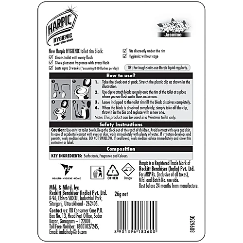 Harpic Hygienic Toilet Cleaner Rim Block - Jasmine, 26 g
