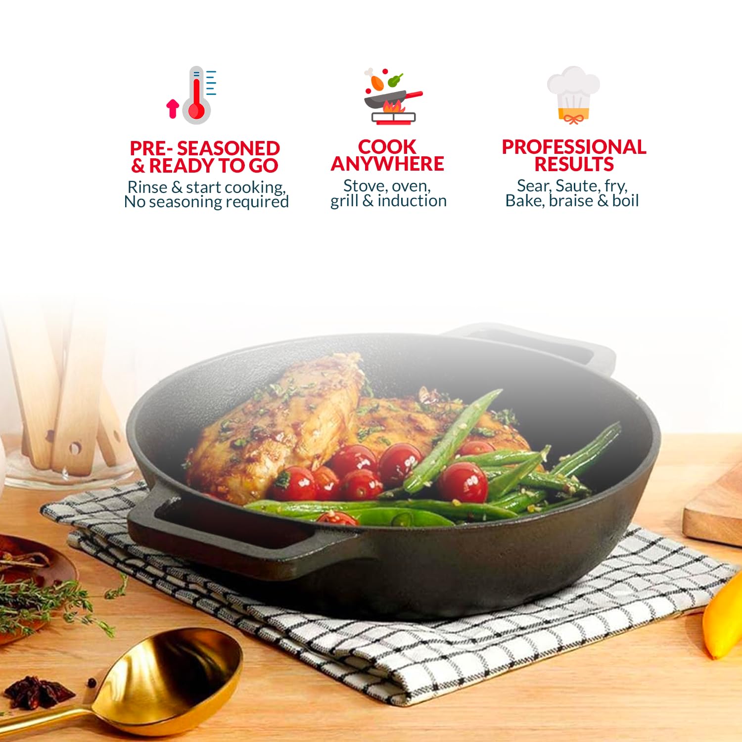 Premium Cast Iron Kadai 9 Inch/25 Cm, Ready to Use Deep Frying Kadhai 2.7 kg, Naturally Nonstick Cast Iron Kadai with 2 Loop Handles, 100% Pure and Toxin-Free kadhai