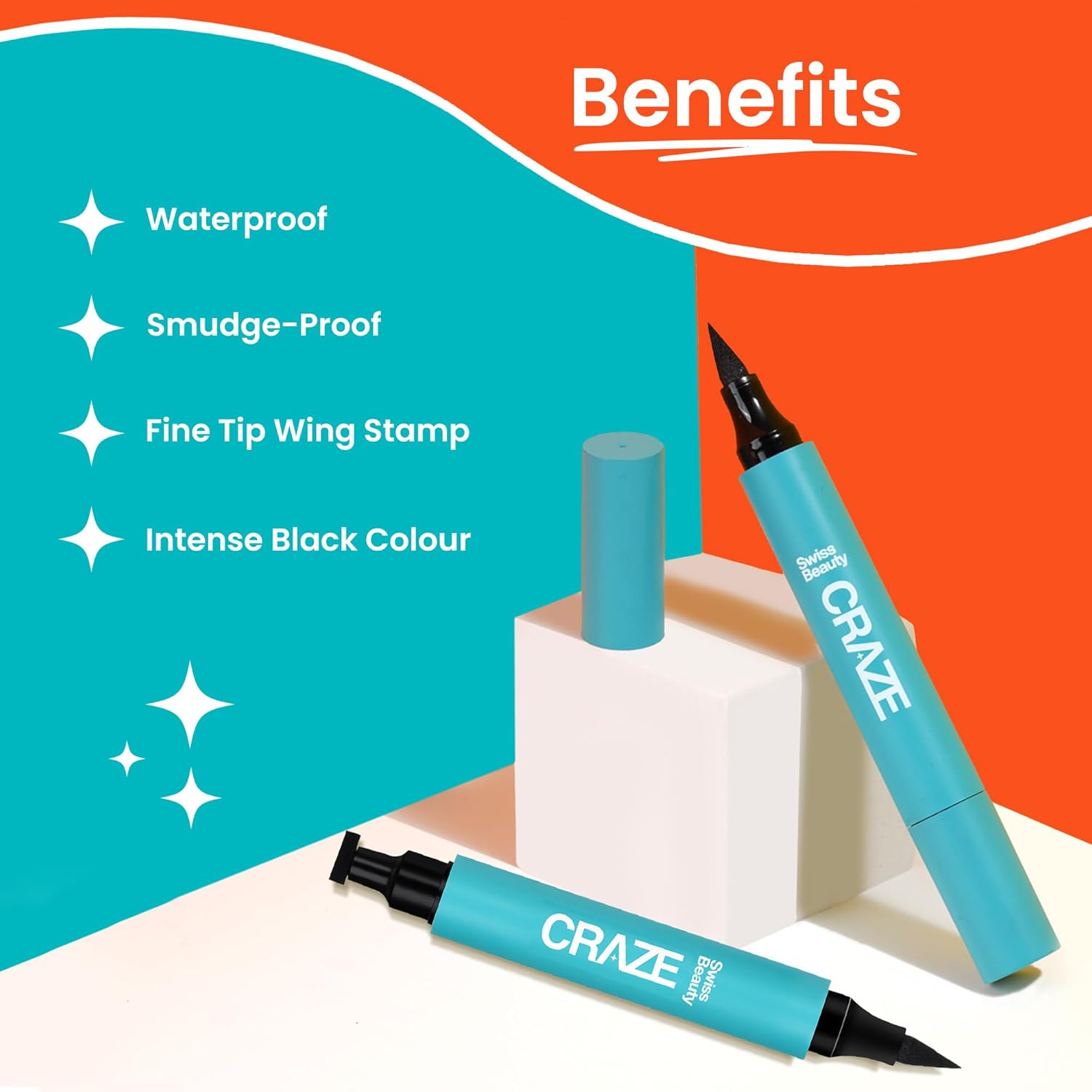 SWISS BEAUTY Craze 2-N 1 Gel Semi-Matte Eyeliner With Wing Stamp | Waterproof And Smudgeproof Eyeliner With Fine Tip For Precise Application | Black, 2.8Ml