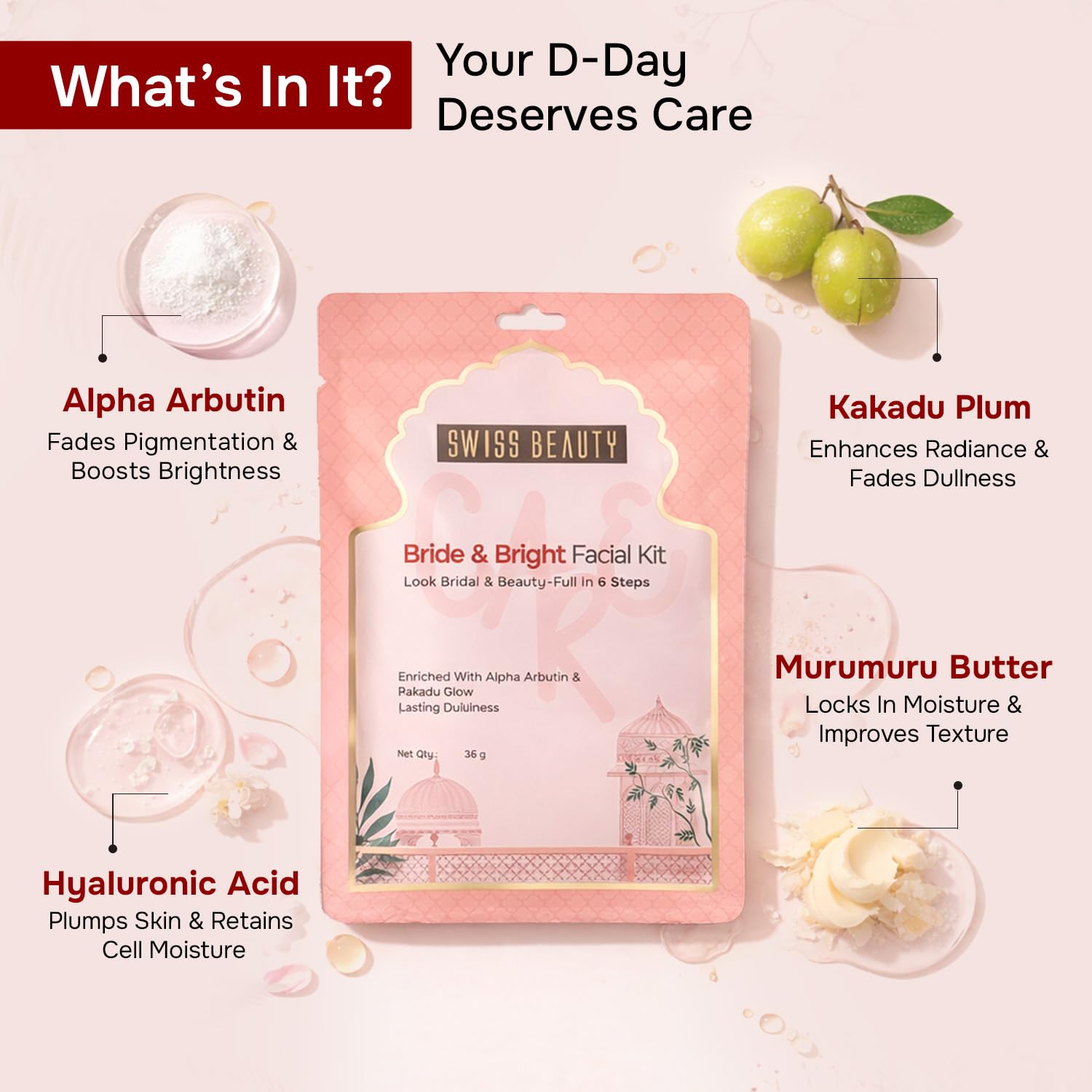 Swiss Beauty Care Bride & Bright Facial Kit | 6 Steps For A Bridal Glow | Cleanses | Brightens | Nourishes | Protects | With Alpha Arbutin & Kakadu Plum | 36g