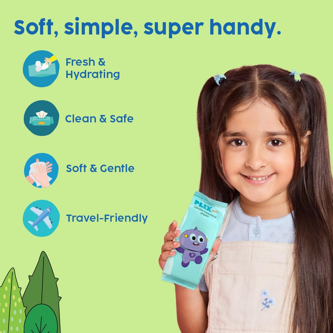 PLIX Kids Gentle Cleaning Wipes | Soft & Moisturizing | Mild & Safe Formula | On-the-Go Use | Travel-Friendly (Pack of 4)