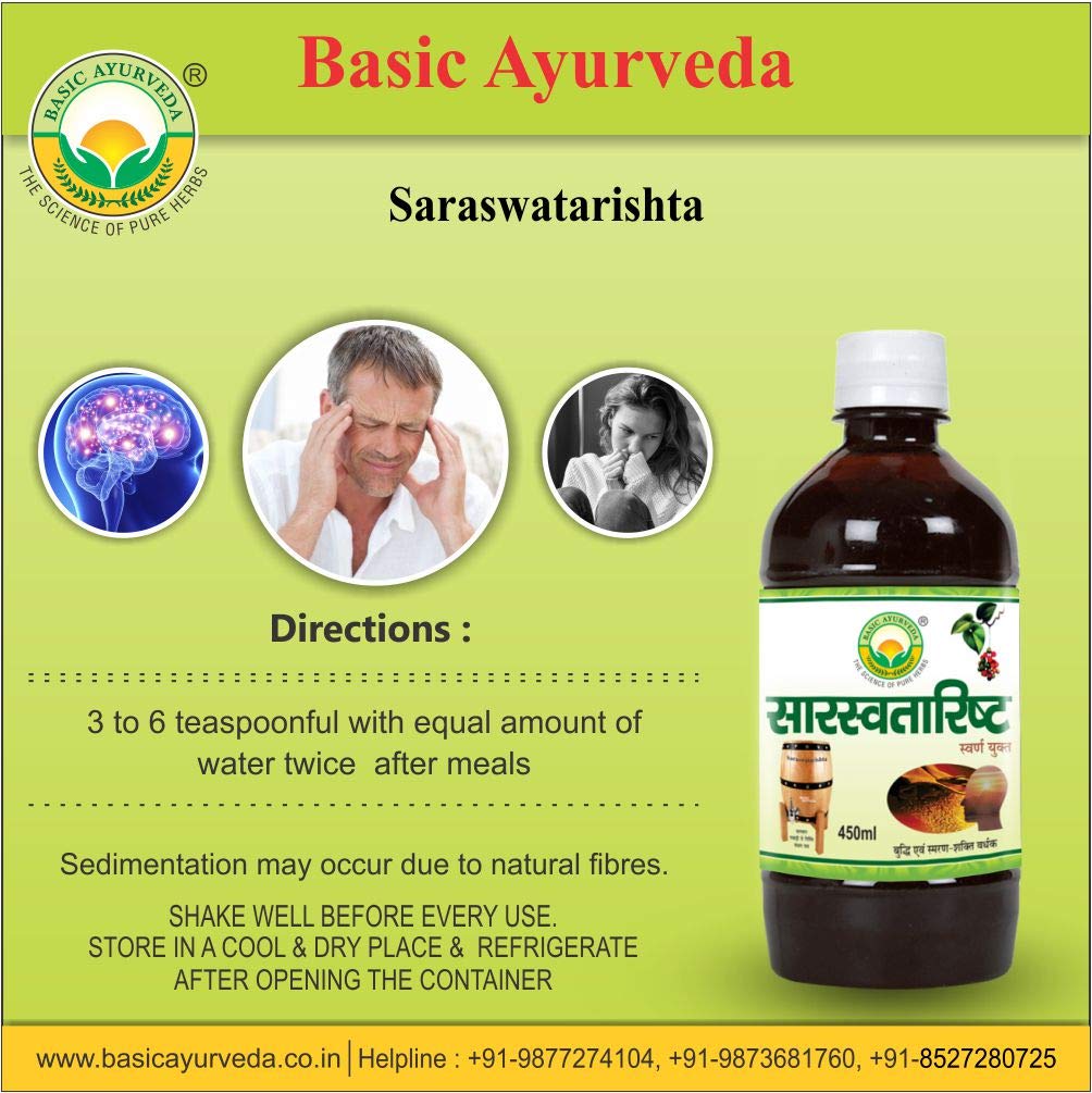 Basic Ayurveda Saraswatarishta 450 ml For anxiety and depression, general debility, mental stress