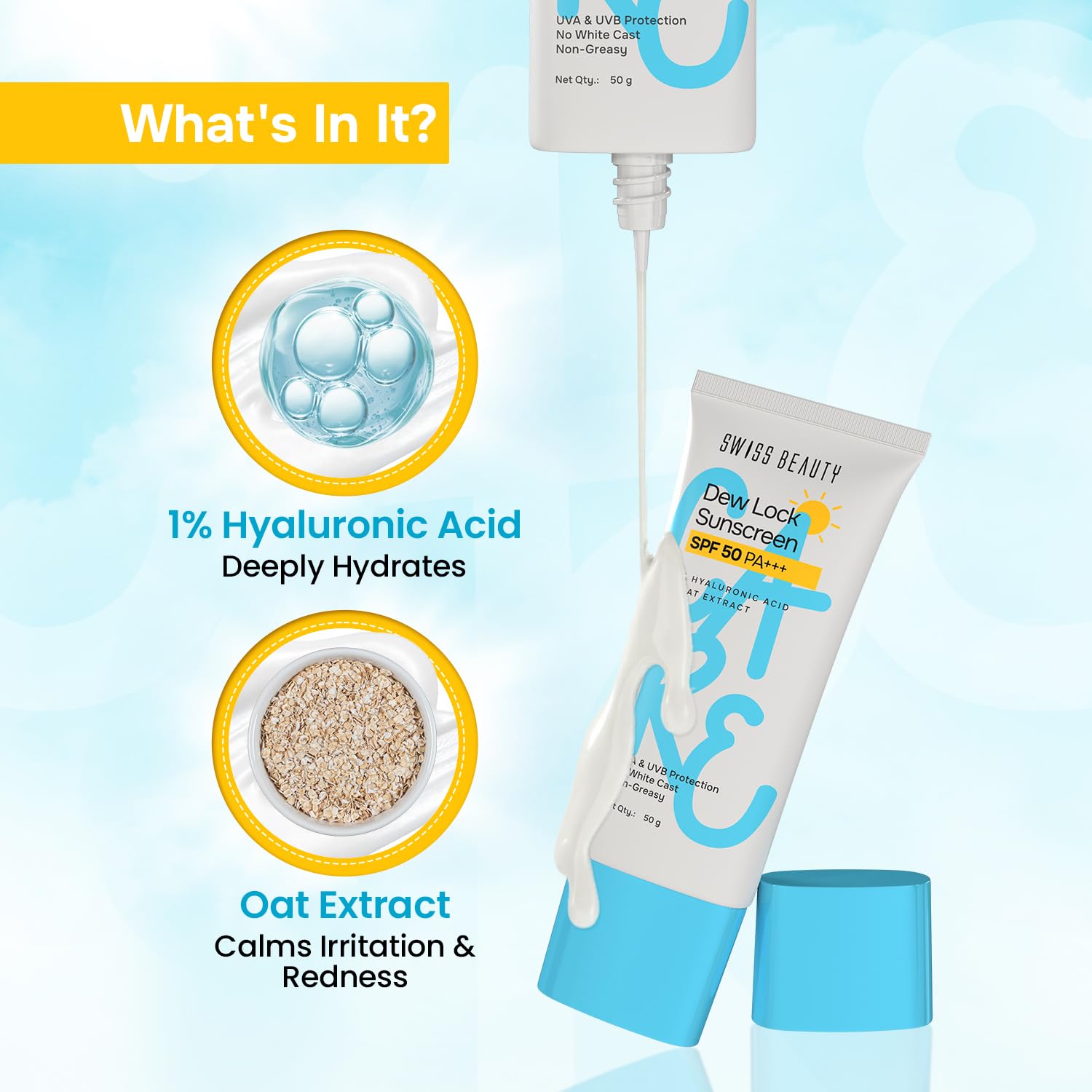 Swiss Beauty Care Dew Lock Sunscreen | SPF 50 PA++++ Broad-Spectrum Protection | No White Cast | With 1% Hyaluronic Acid | 50g