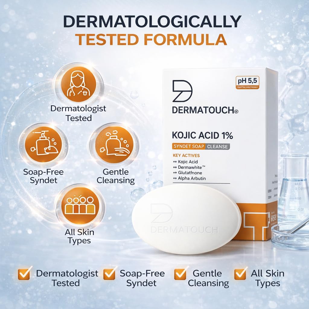 DERMATOUCH Kojic Acid 1% Soap with Glutathione & Alpha Arbutin |For Tan, Brightening, Dark Spots & Pigmentation | pH 5.5 Balanced Syndet Bar | Dermatologist Tested | For Men & Women | 75g