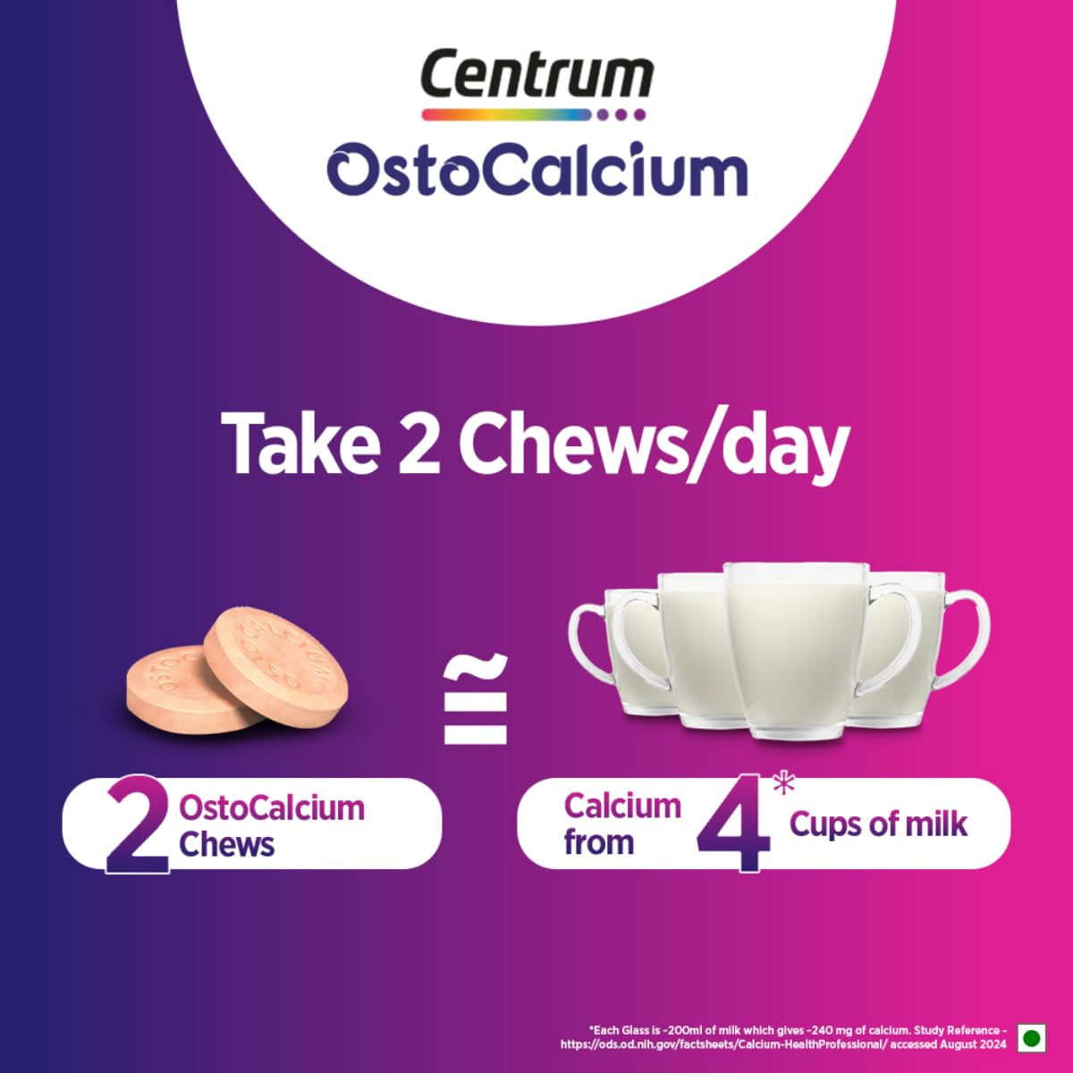 Centrum Ostocalcium Total Chewable Tablets For Women & Men | Vitamin D & Calcium Tablets To Support Strong Bones, Joints & Muscles |30 Tablets