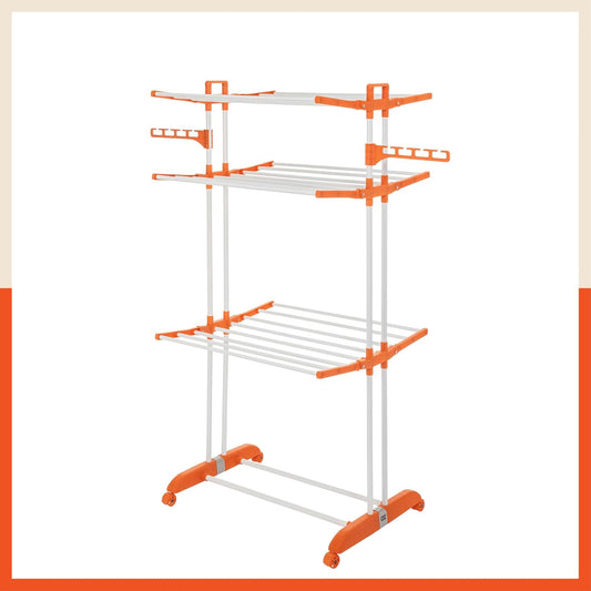 Bathla 3 Level Modular Cloth Drying Stand with Wheels - Rustproof Portable Steel Laundry Rack (Orange - Large) - Clothes Dryer for Balcony, Indoor & Outdoor Use
