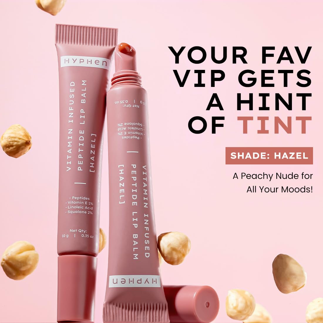 Hyphen Tinted Lip Balm - Hazel | 1% Vitamin E, 2% Squalane & Peptides | Brightening Lip Balm for Dark Lips | 24h Moisturization for Dry Lips - 10 gm
