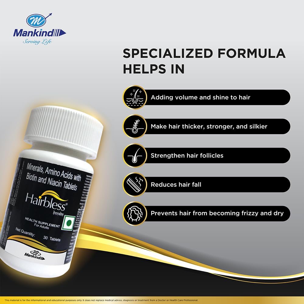 Mankind HairBless Hair Supplement | with Biotin and Niacin | Gluten Free | Amino Acid, Minerals and Vitamins | Enriched with L-Cystiene | 30 Tablets