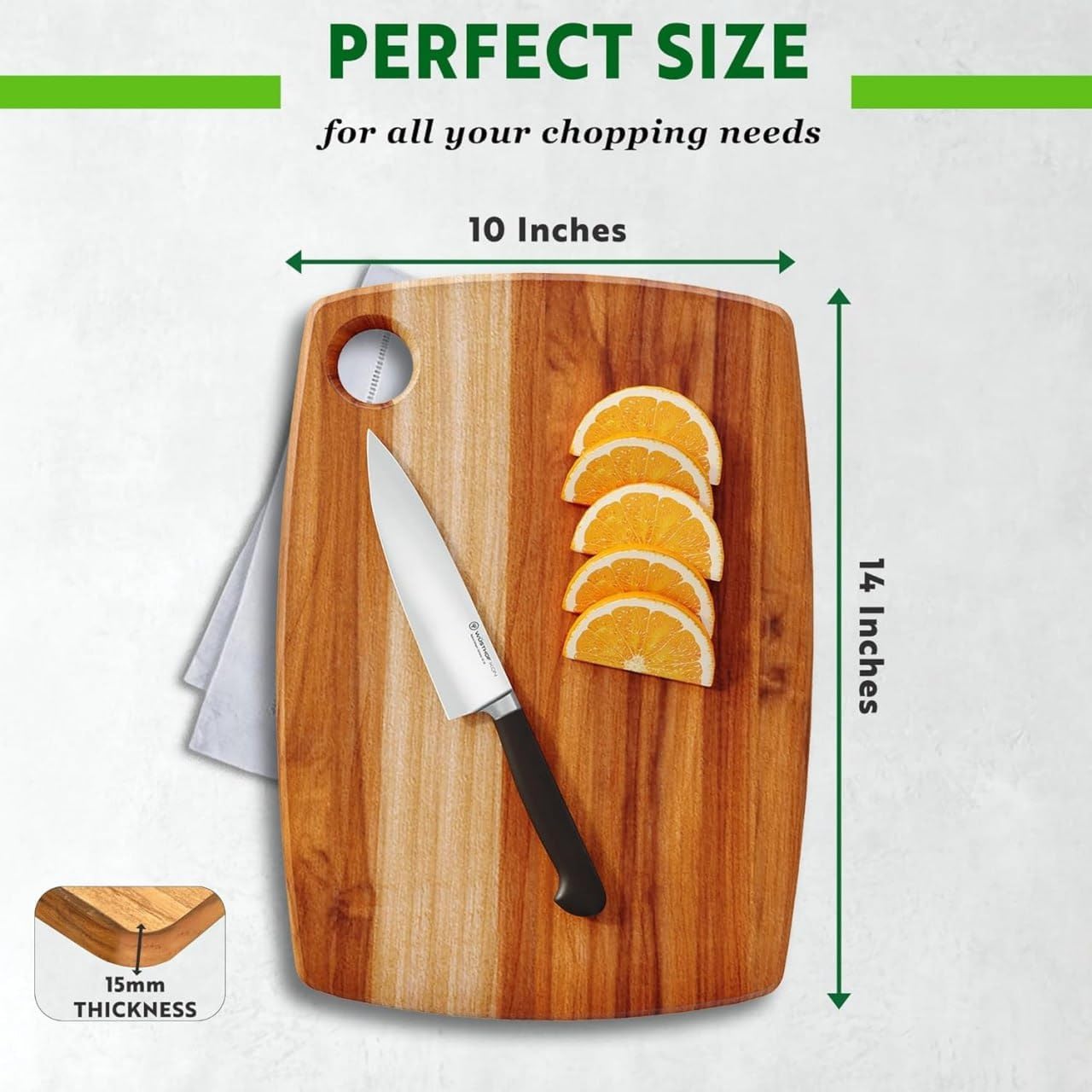 Large Teak Wood Chopping Board 10x14 Inch | Eco-Friendly Natural Wooden, For Kitchen, Meat, Veggies & Fruit, Heavy-Duty Thick Butcher Block