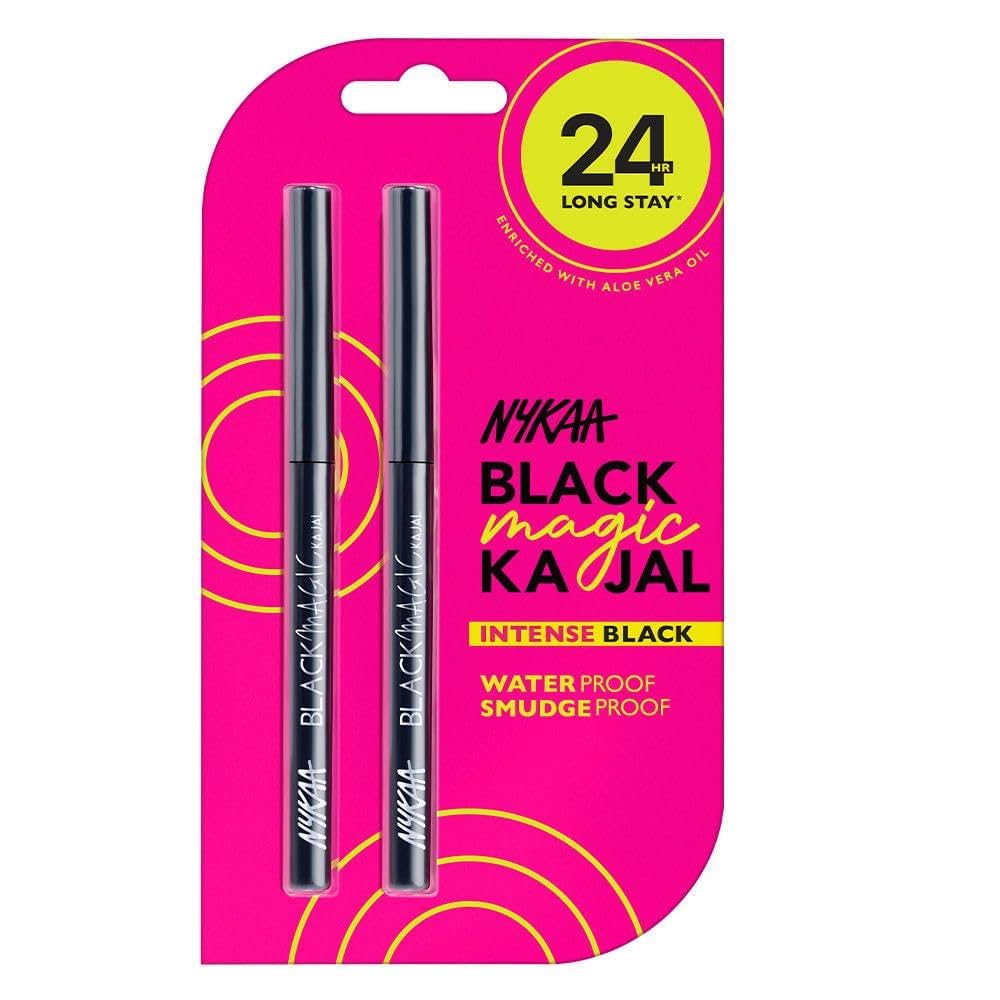 Nykaa Black Magic Kajal Eyeliner, 24Hr Longstay, Waterproof, Smudgeproof, Deep Black, Pack of 2, 0.6g Each