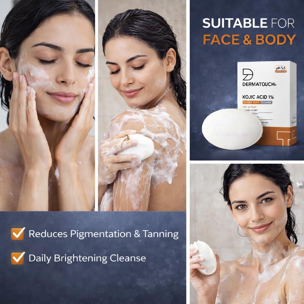 DERMATOUCH Kojic Acid 1% Soap with Glutathione & Alpha Arbutin |For Tan, Brightening, Dark Spots & Pigmentation | pH 5.5 Balanced Syndet Bar | Dermatologist Tested | For Men & Women | 75g