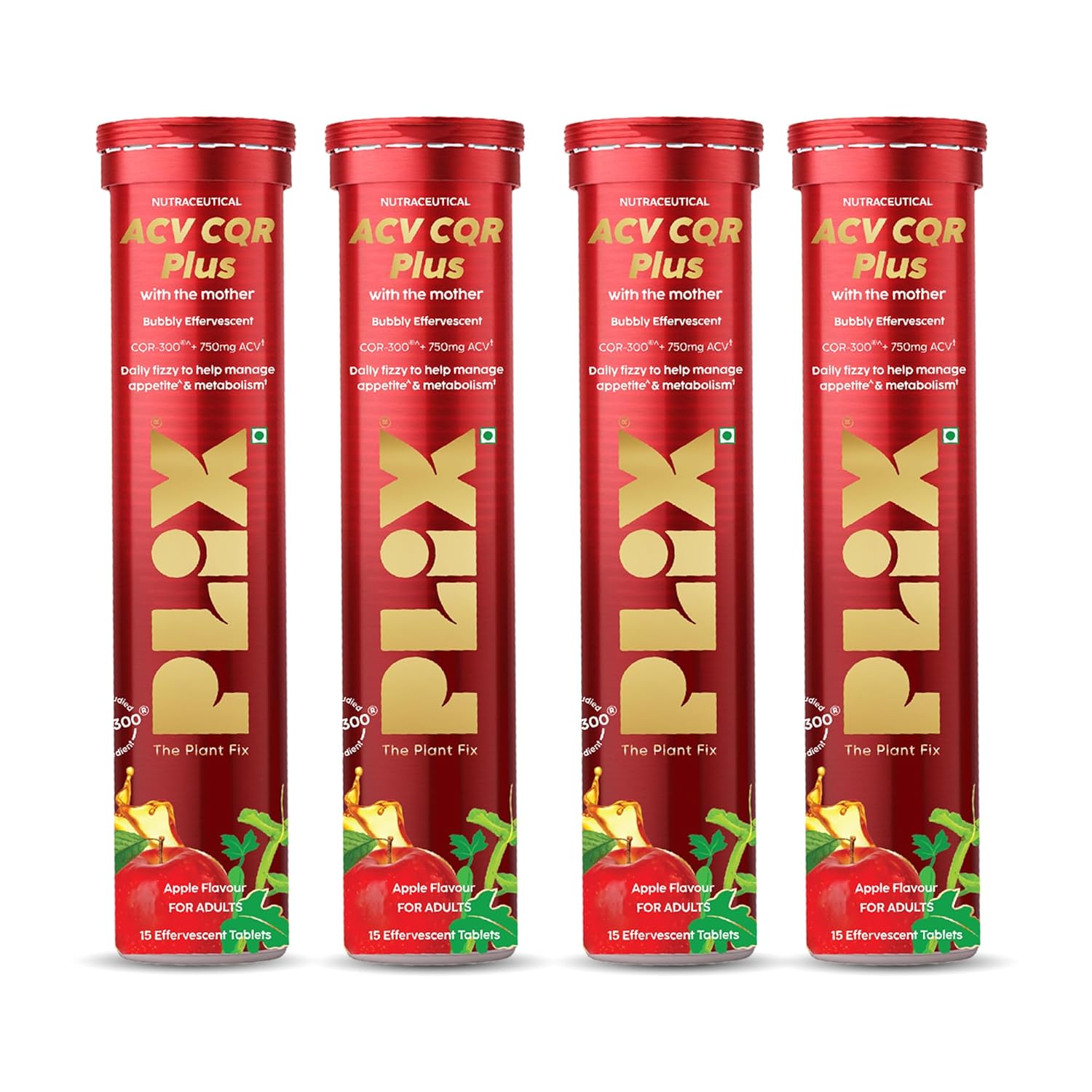 PLIX ACV CQR Plus Effervescent | Clinically Studied CQR-300® & Apple Cider Vinegar | Supports Fat Reduction, Waist & Hip Slimming, Metabolism & Appetite Control | 15 Effervescent Tablets Per Tube | Pack of 4