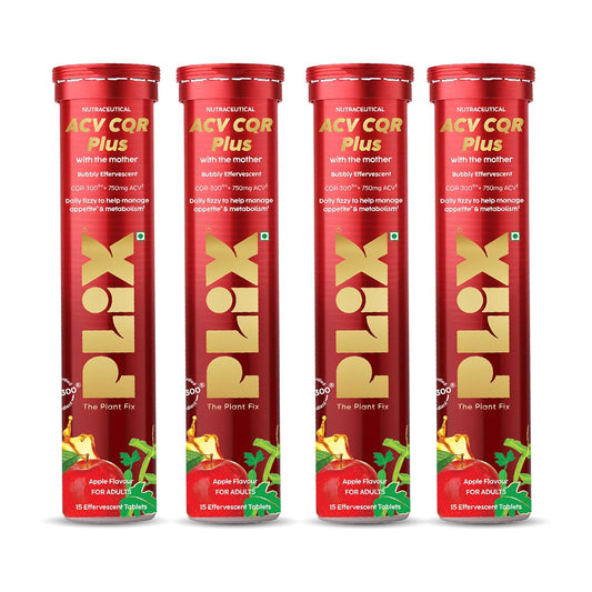 PLIX ACV CQR Plus Effervescent | Clinically Studied CQR-300® & Apple Cider Vinegar | Supports Fat Reduction, Waist & Hip Slimming, Metabolism & Appetite Control | 15 Effervescent Tablets Per Tube | Pack of 4