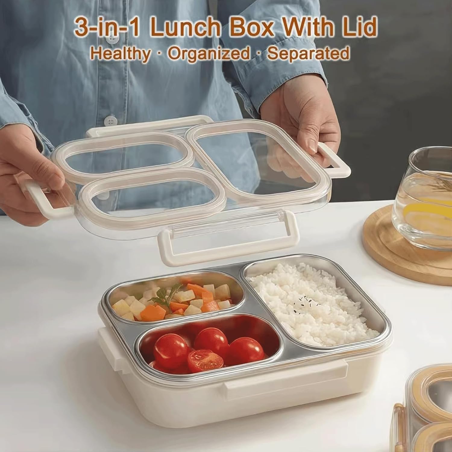 3 Compartment Lunch Box for Adults & Kids, Microwave Safe Bento Lunch Box with Spoon & Chopsticks, Reusable Food Storage Meal Prep Container, Leak Resistant Japanese Style Tiffin Box (Monsoon Special)