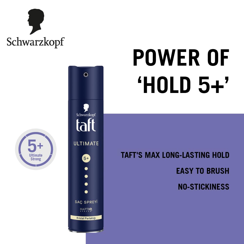 TAFT Schwarzkopf Ultimate Hair Spray For Hair With Crystal Shine | Hold 5+ For 72H hold | Protects From Wind And Humidity | No Stickiness | Easy To Brush Out | For Salon Like Finish - 250Ml. |