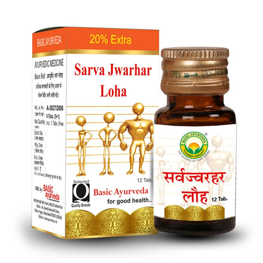 Basic Ayurveda Sarva Jwarhar Loh With Gold 12 Tablets For fever, anemia, cough, intermittent fever, typhoid, injuries