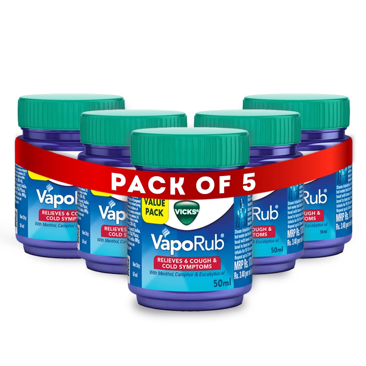 Vicks Vaporub 50ml, Relief From Cold, Cough, Blocked Nose, Headache, Body Ache, Muscular Stiffness And Breathing Difficulty (Pack of 5)