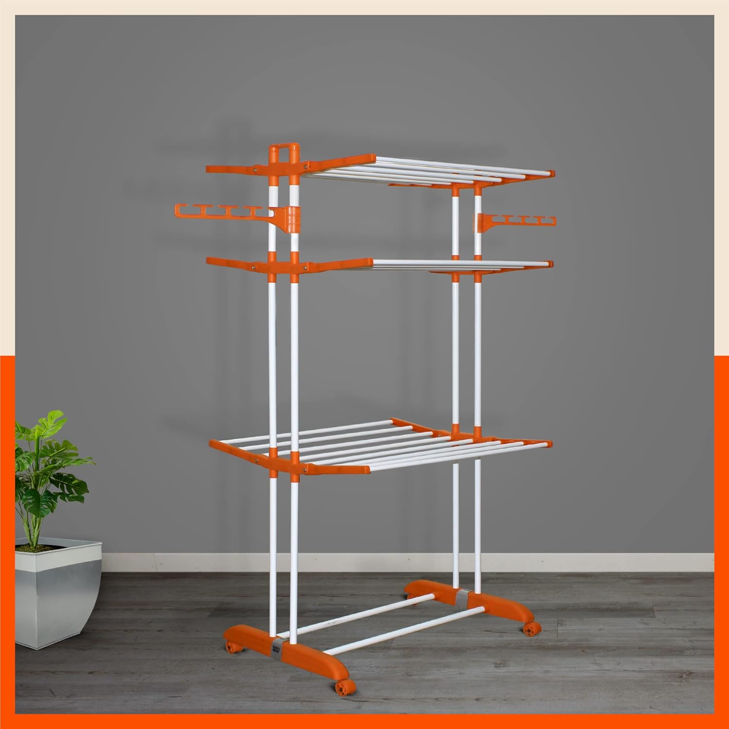 Bathla 3 Level Modular Cloth Drying Stand with Wheels - Rustproof Portable Steel Laundry Rack (Orange - Large) - Clothes Dryer for Balcony, Indoor & Outdoor Use