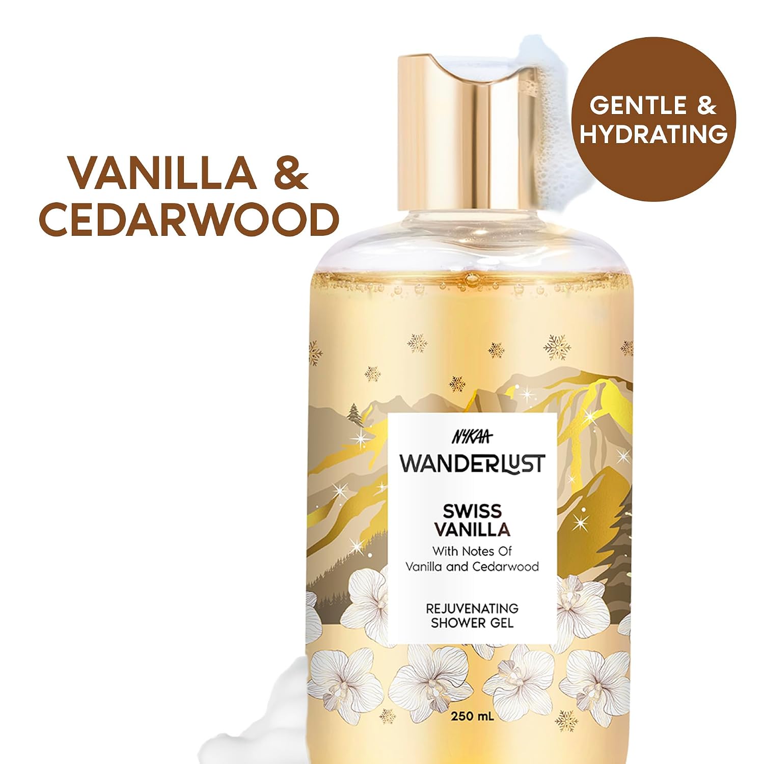 Nykaa Wanderlust Swiss Vanilla Shower Gel, Vanilla & Cedarwood Fragrance, Rejuvenating Body Wash, Hydrating Formula, Vegan & Cruelty-Free, 250ml