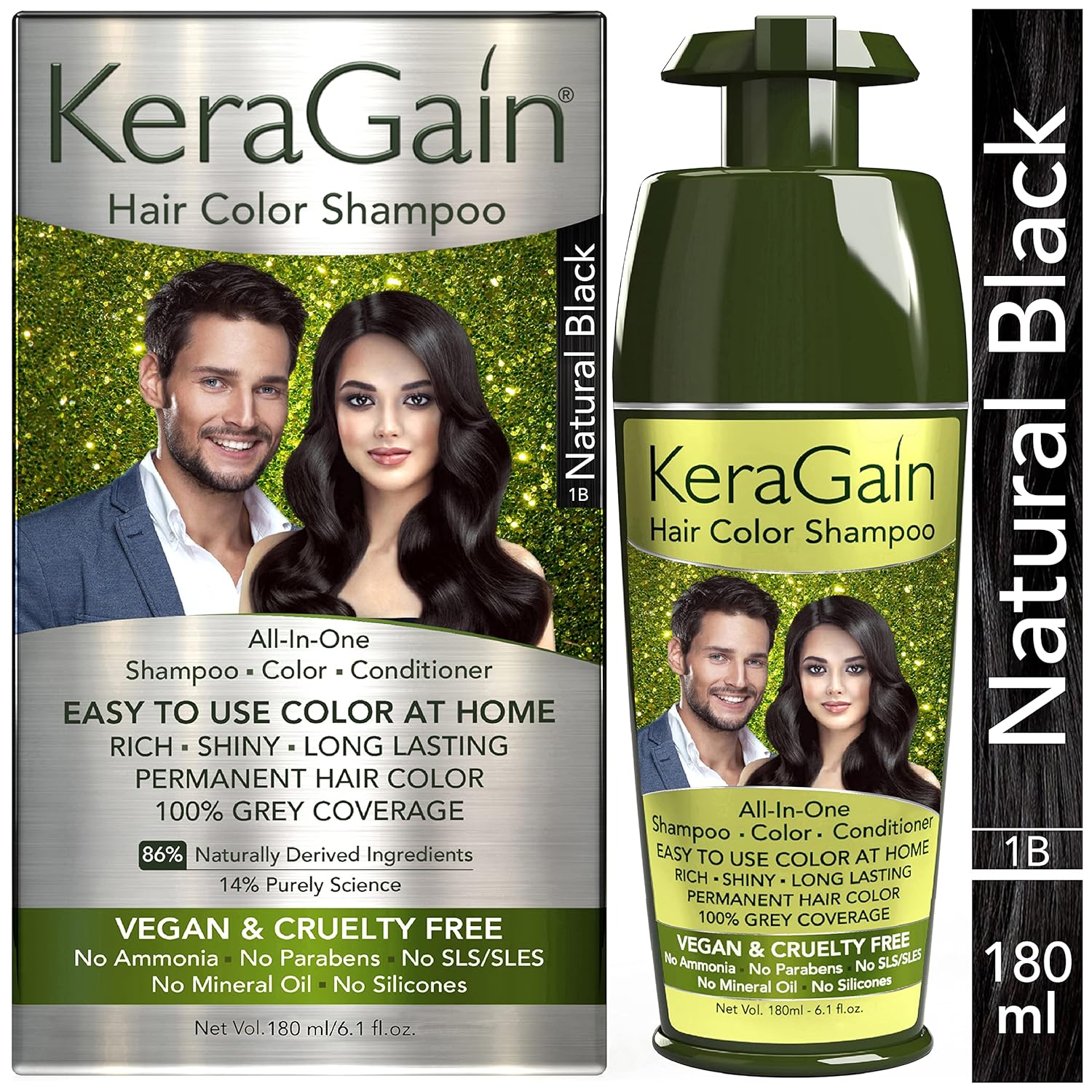 Looks21 KeraGain Hair Color Shampoo (Natural Black, 180ml) (Natural Black) Easy to Use Hair Colour at Home for Unisex