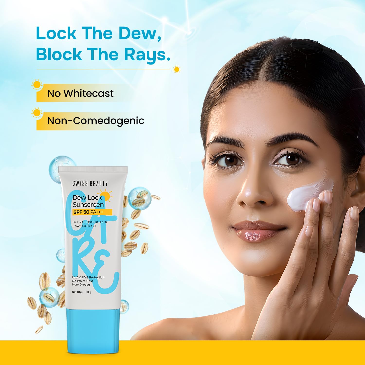 Swiss Beauty Care Dew Lock Sunscreen | SPF 50 PA++++ Broad-Spectrum Protection | No White Cast | With 1% Hyaluronic Acid | 50g