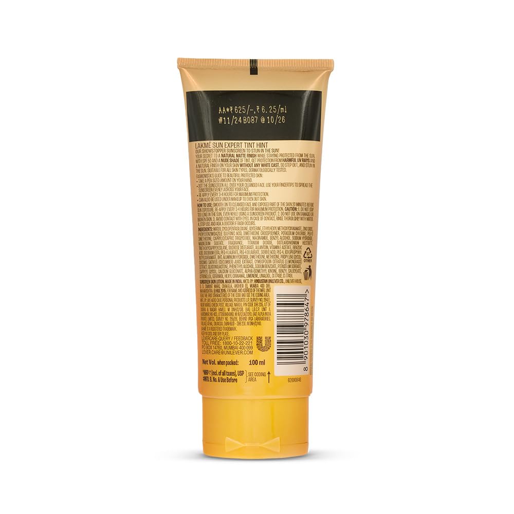 Lakme Sun Expert Tinted Sunscreen SPF 50 PA +++ | Broad spectrum UVA/B protection | Blue light protection | No White Cast | for all dry, oily, normal skin| Matte Finish | 100 g