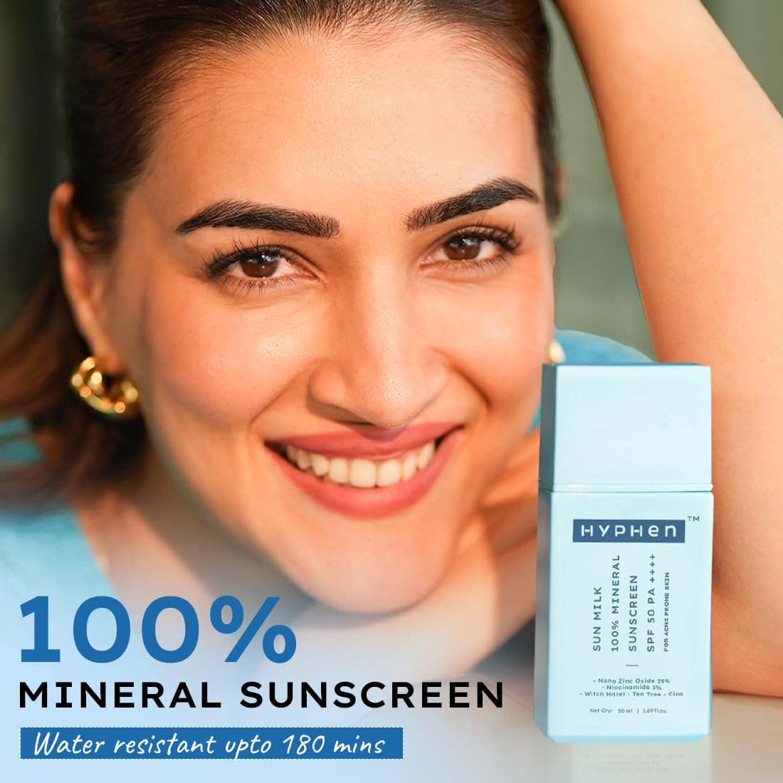 Hyphen Sun Milk 100% Mineral Sunscreen SPF 50 PA++++ 25% Nano Zinc Oxide For Acne Prone, Oily Skin (50ml)