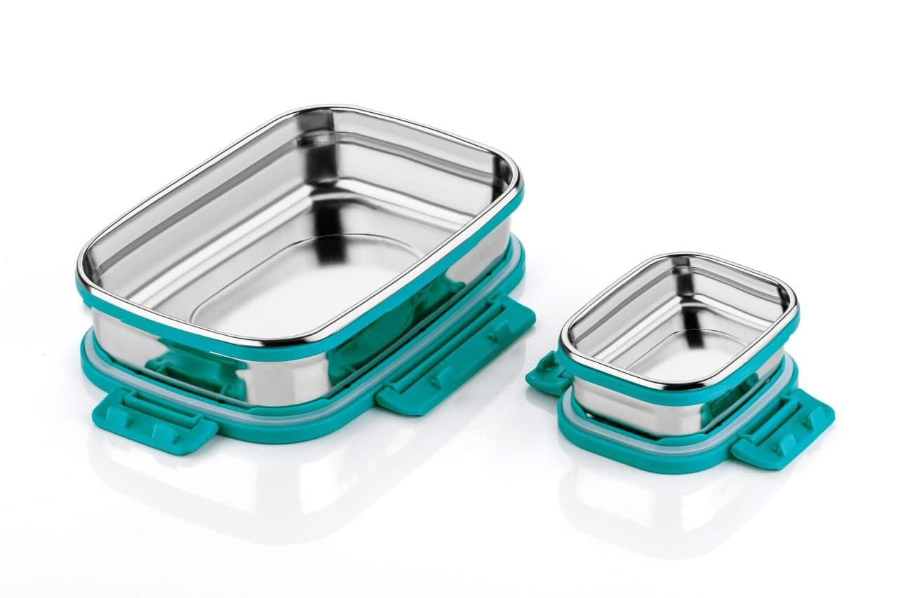 Lunch Box Stainless Steel Airtight Leak-Proof Lid,Snacks Tiffin for Kids,Light Weight,Easy Clean for Office,School,Picnic&Travelling,800+300 Ml