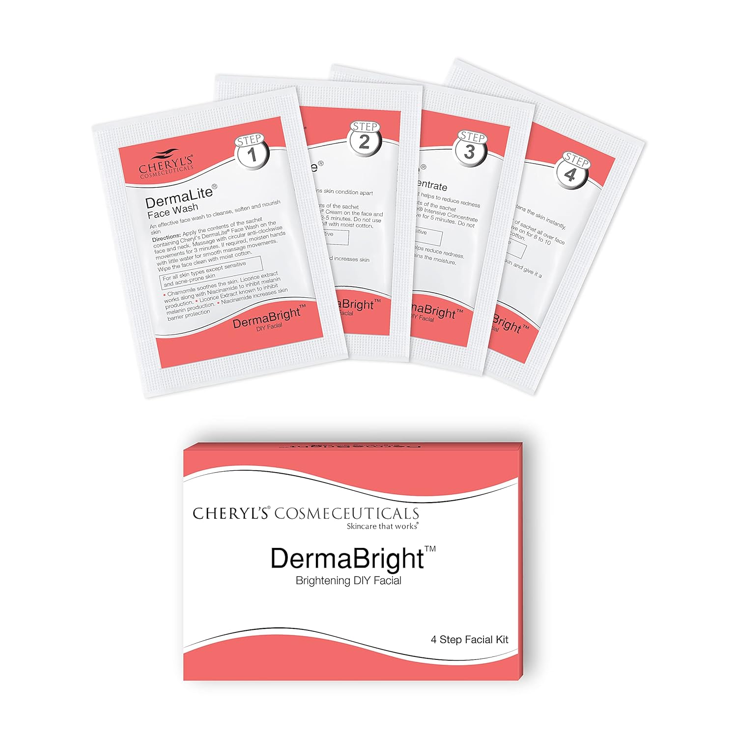 Cheryl’s Cosmeceuticals DermaBright 1 Pack Skin Brightening 4-step Easy DIY Facial Kit for All Skin Types for Women and Men, 14 gm