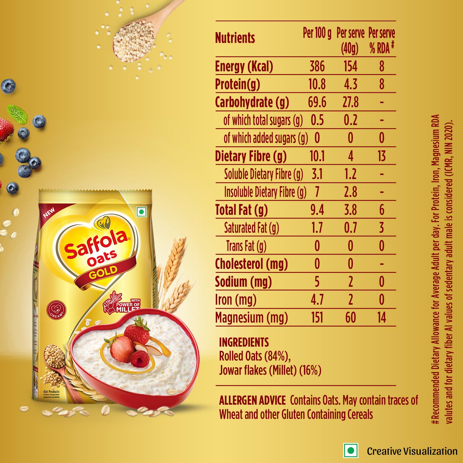 Saffola Oats Gold, Rolled Oats with Jowar Millet | 1500g | High Protein & Fibre | Healthy Cereal for weight loss