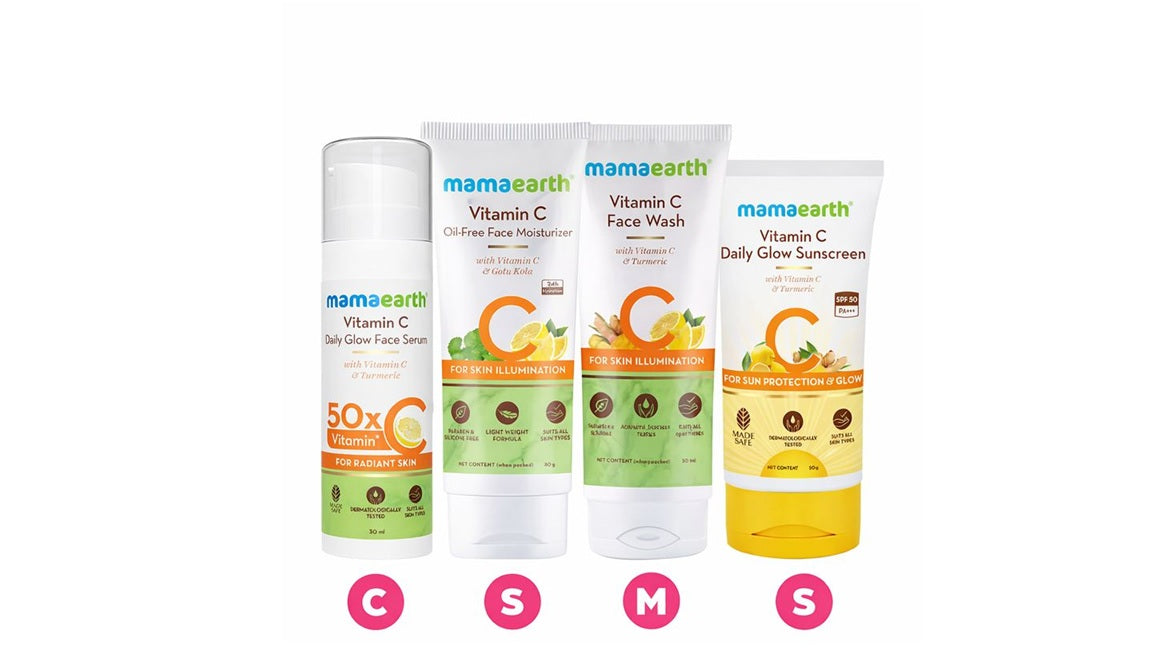 Mamaearth CSMS (Cleanser, Serum, Moisturizer, Sunscreen) Vitamin C Glow & Protect Regimen Combo