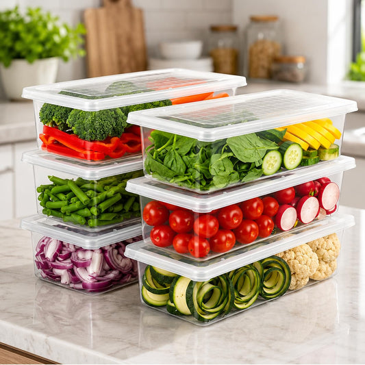 JD FRESH 1500ML Fridge Storage Containers Set of 6 with Removable Drain Plate & Lid | Leak-Proof Stackable Refrigerator Organizer Boxes for Vegetables, Fruits, Snacks|BPA Free, Easy to Clean& Reusable
