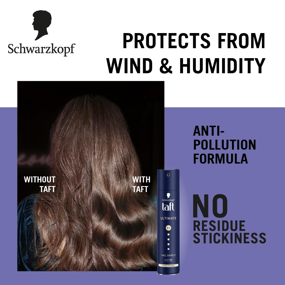 TAFT Schwarzkopf Ultimate Hair Spray For Hair With Crystal Shine | Hold 5+ For 72H hold | Protects From Wind And Humidity | No Stickiness | Easy To Brush Out | For Salon Like Finish - 250Ml. |