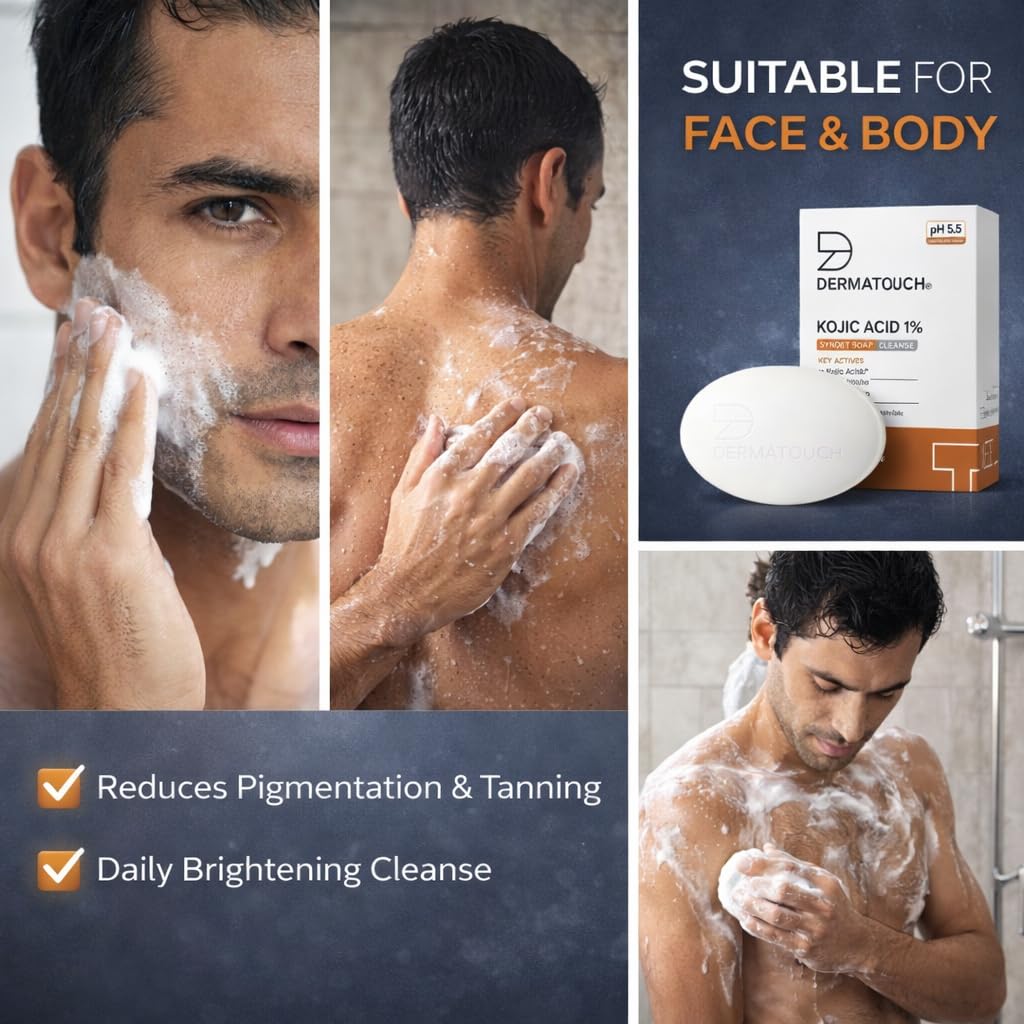 DERMATOUCH Kojic Acid 1% Soap with Glutathione & Alpha Arbutin |For Tan, Brightening, Dark Spots & Pigmentation | pH 5.5 Balanced Syndet Bar | Dermatologist Tested | For Men & Women | 75g